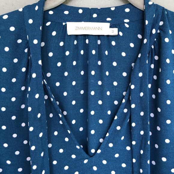 ZIMMERMAN Top Blouse Women’s 2/M Teal Polka Dot Tie Neck Ruffle Sleeve Boho Chic - Picture 6 of 14
